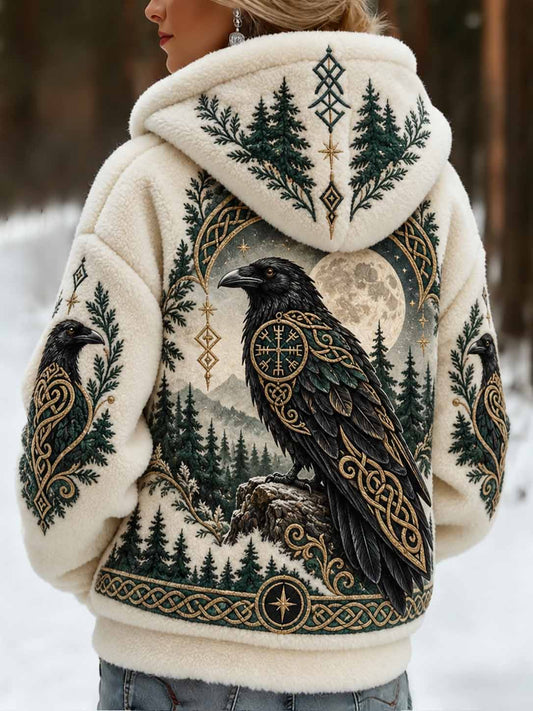 Women's Nordic Crow Print Hoodie Jacket