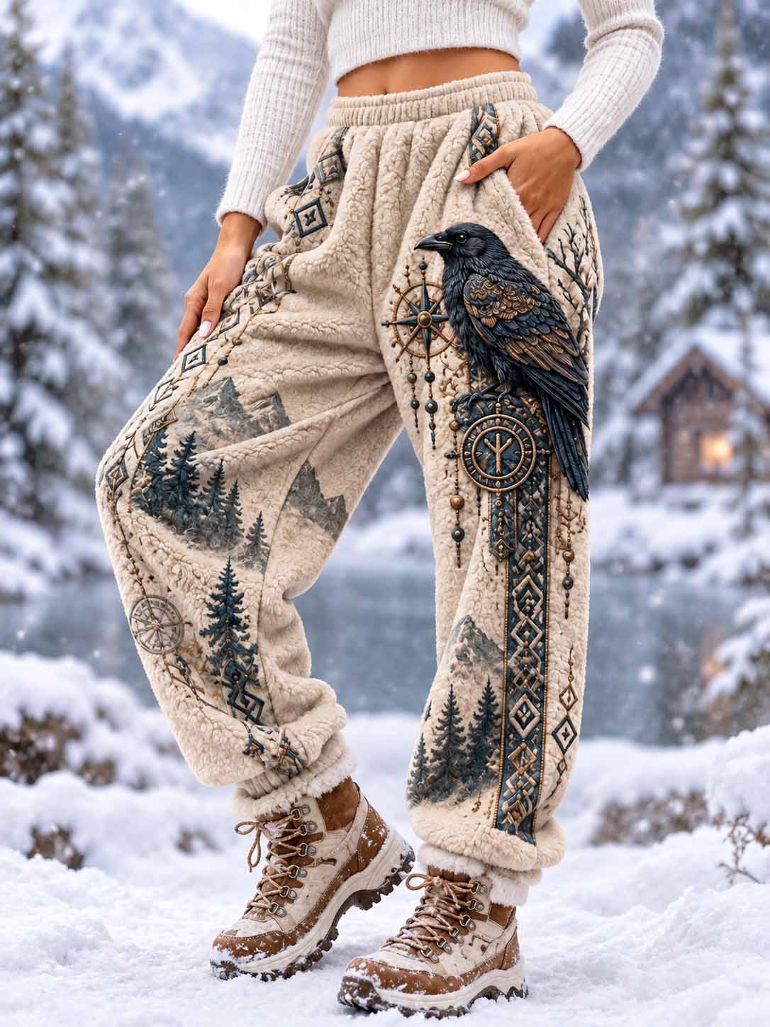 Women's Nordic Crow Pattern Print Pants