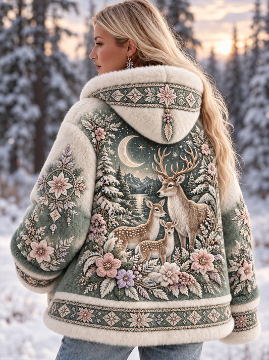 Lady's Nordic Autumn And Winter Animals Flannel Coat