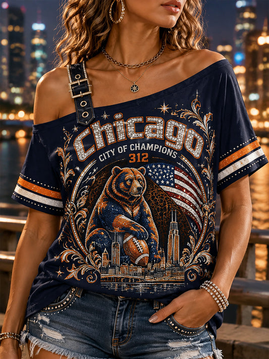 Women's Chicago Bears Short Sleeve Off-Shoulder T-Shirt