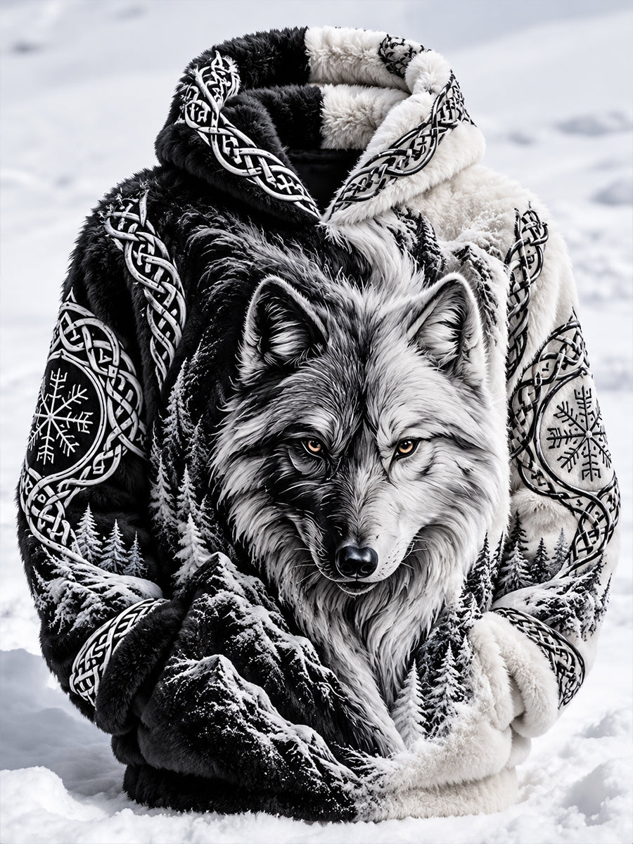 Men's Nordic Autumn and Winter Animals Flannel Hoodie