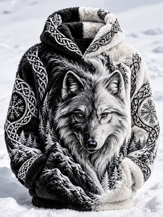 Men's Nordic Autumn and Winter Animals Flannel Hoodie