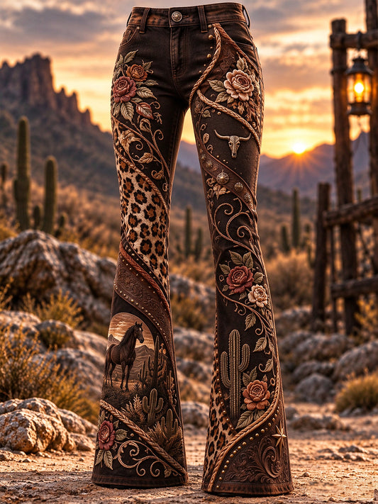 Women's Western Cowboy Art Flared Trousers